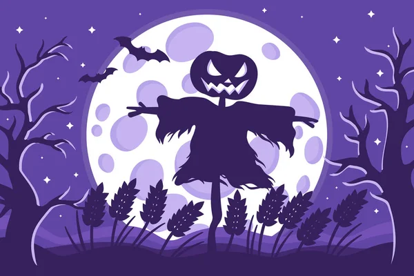 Vector Cartoon Illustratie Van Halloween Vogelverschrikker Silhouet Een Tarweveld Een — Stockvector