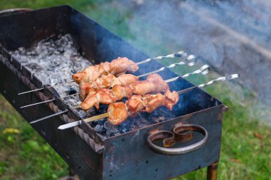 Izgarada mangal kömüründe pişirilmiş şiş domuz eti.