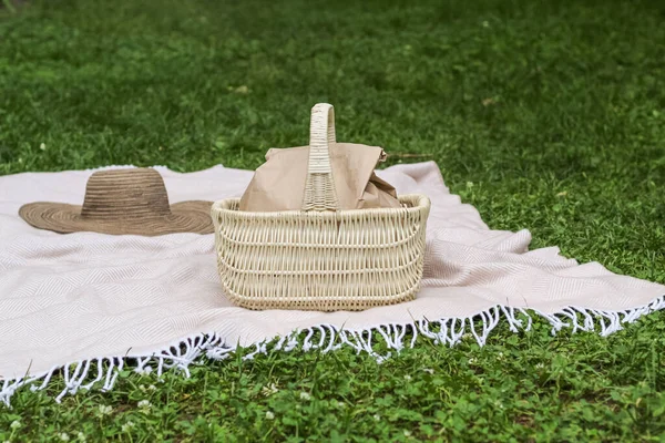 Picknick Filt Gräset Wicker Korg Med Mat Papperspåse Och Hatt — Stockfoto