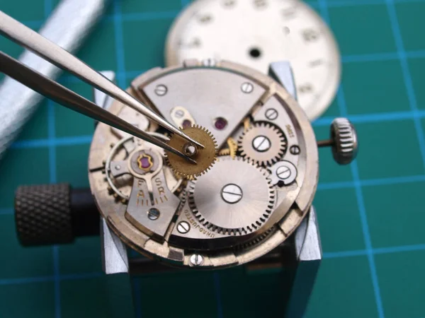 Zbliżenie Zegarmistrz Naprawy Stary Kaliber Mechaniczny Zegarek Biorąc Mały Bieg — Zdjęcie stockowe