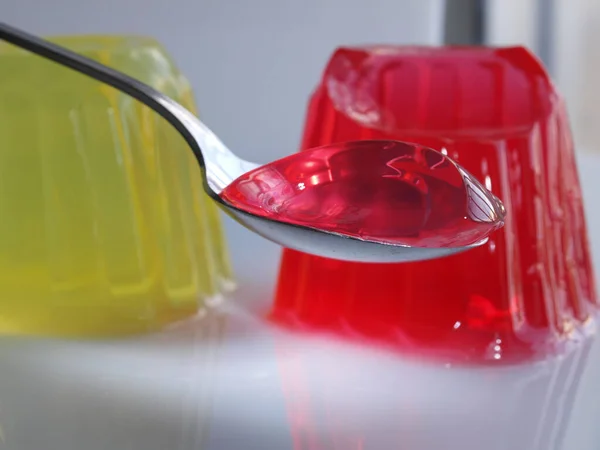 Spoon Full Sweet Jelly Pudding Strawberry Flavor White Background — Stock Photo, Image