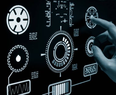 Fütürist kullanıcı arayüzü kavramında bottonu elle itme. Baş Ekran (HUD))