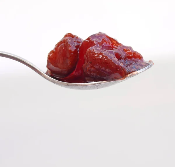 Close Strawberry Jam Spoon White Background — Stock Photo, Image