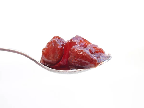 Close Straeberry Jam Spoon White Background — Stock Photo, Image