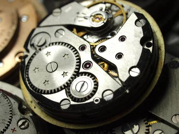 Close Several Vintage Mechanical Watch Caliber Gears — Stock fotografie