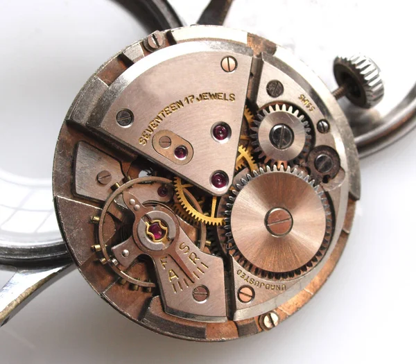 Крупним Планом Старий Механічний Годинник Калібру Малі Шестерні Шматочки — стокове фото