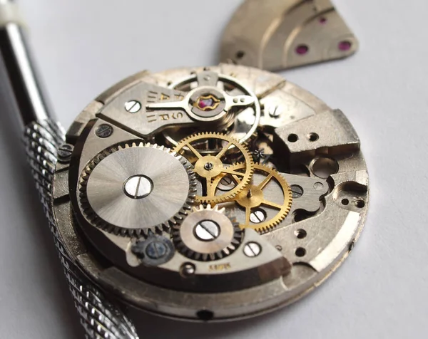 Mecanismo Relógio Mecânico Velho Close Engrenagem Pequena — Fotografia de Stock