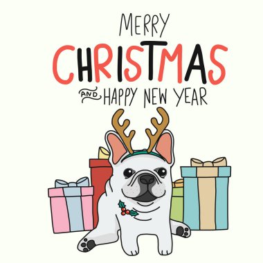 Beyaz Fransız Boğa Köpeği Mutlu Noeller ve Mutlu Yıllar ve hediye kutuları vektör çizim çizim stili