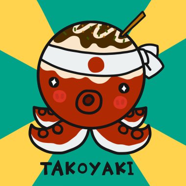 Japon yemeği Takoyaki ahtapot çizgi film vektör çizim çizim stili