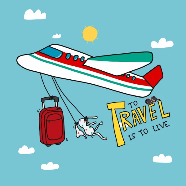 Vliegtuig Met Bagage Bikini Cartoon Woord Reizen Live Vector Illustratie — Stockvector