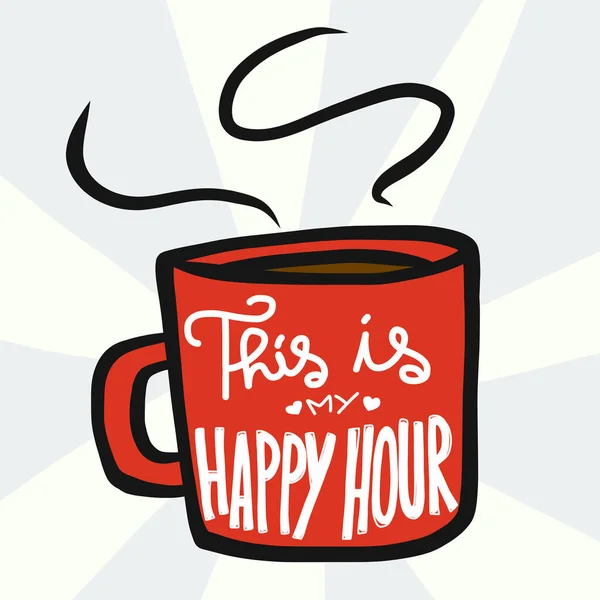 Happy Hour Word Red Coffee Cup Cartoon Illustration Doodle Style — стоковый вектор