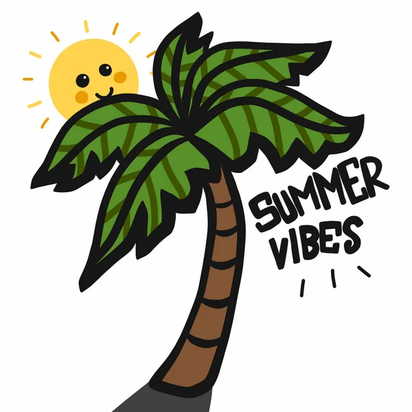 Palme Und Lächeln Sonne Sommer Vibes Wort Vektor Illustration — Stockvektor