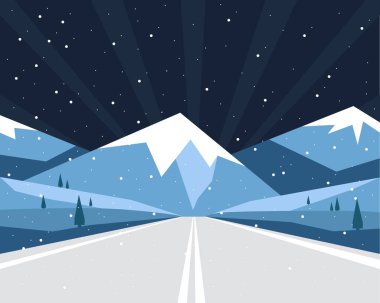 Karlı doğaya giden yol dağ manzaralı vektör çizimi