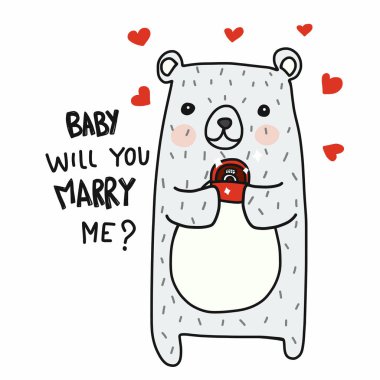 Bebeğim benimle evlenir misin? Sevimli beyaz ayı ve elmas yüzük karalama stili vektör çizimi.