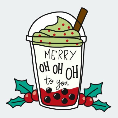 Mutlu Oh Oh, sana sesleniyorum kelime ve smoothie cup çizgi film karalama stili vektör çizimi.