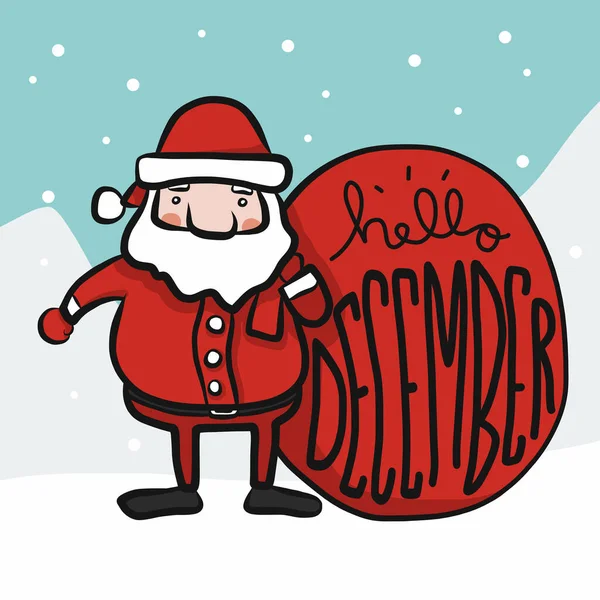 Cute Santa Claus Hello December Cartoon Doodle Style Vector Illustration — Stock Vector