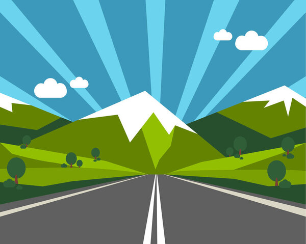 Road to green nature mountain spring view vector illustration