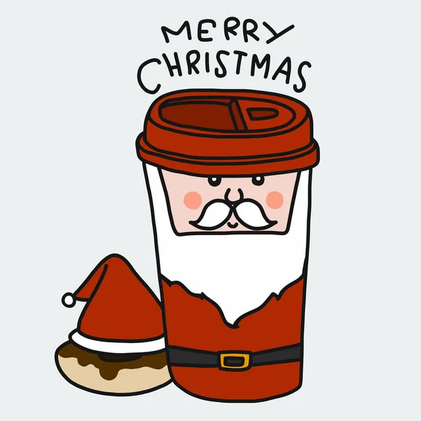 Kerstman Vrolijk Kerstmis Koffiebeker Donut Cartoon Vector Illustratie Doodle Stijl — Stockvector
