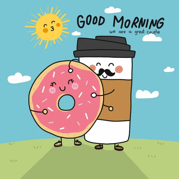 早上好 我们是一对很棒的夫妇咖啡杯和甜甜圈涂鸦卡通病媒图片 — 图库矢量图片
