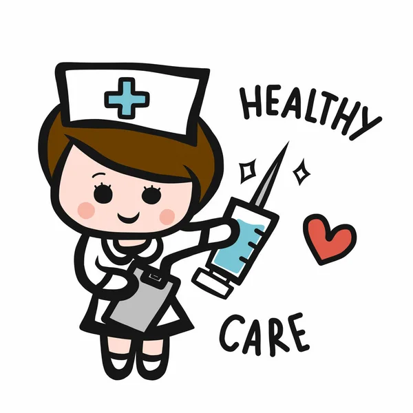 Hemşire ve aşı enjeksiyon iğnesi karikatür karalama stili vektör çizimi