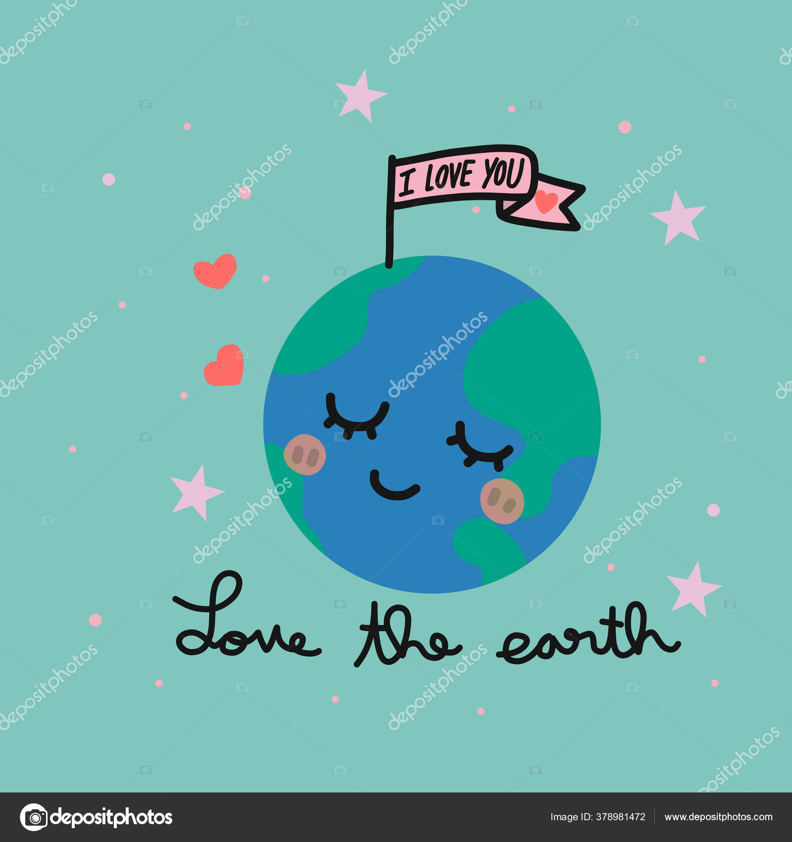Love Earth Word Cartoon Vector Illustration Doodle Style Stock