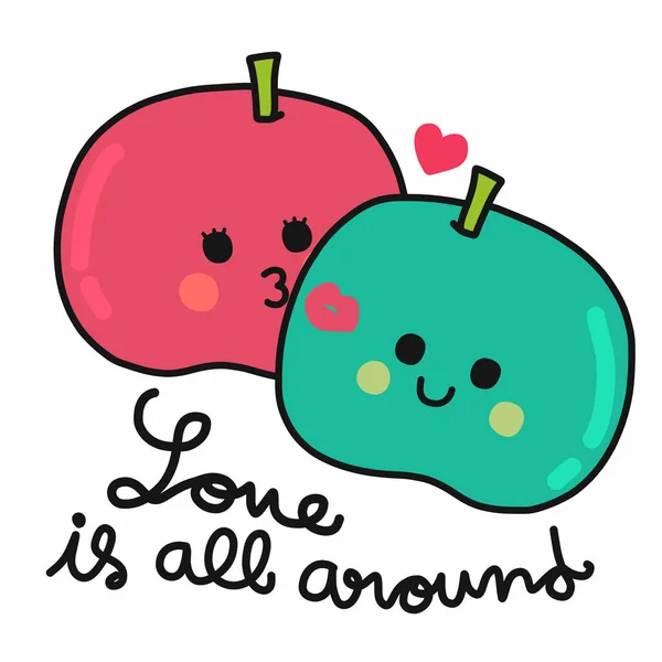 Amour Est Tout Autour Mignon Couple Pomme Vecteur Illustration Style — Image vectorielle