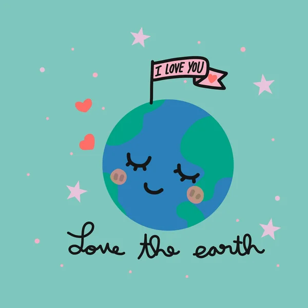 Love Earth Word Planet Cartoon Vector Illustration Doodle Style - Stok Vektor