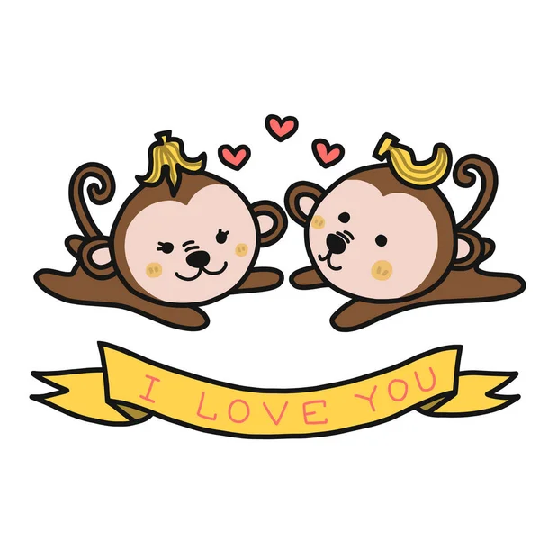 Aime Singe Couple Dessin Animé Vecteur Illustration Doodle Style — Image vectorielle