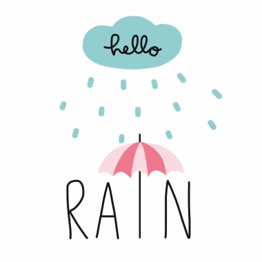Merhaba yağmur bulutu ve şemsiye karikatür vektör çizim çizim tarzı