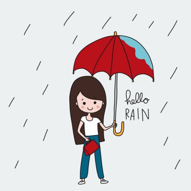 Merhaba yağmur. Kırmızı şemsiyeli şirin kız. Vektör çizimi çizim stili.