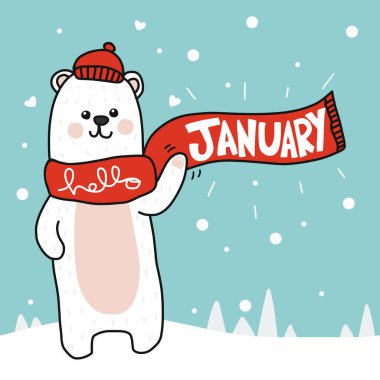 Merhaba Ocak beyaz kutup ayısı çizgi film karalama stili vektör illüstrasyonu