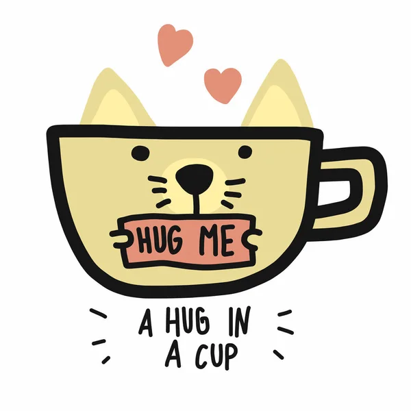 White Cat Cup Hug Cup Word Cartoon Vector Illustration Doodle — Stock Vector