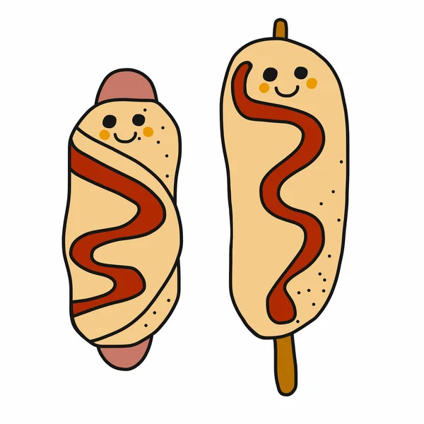 Hotdog Desenho Animado Vetor Ilustração Doodle Estilo — Vetor de Stock