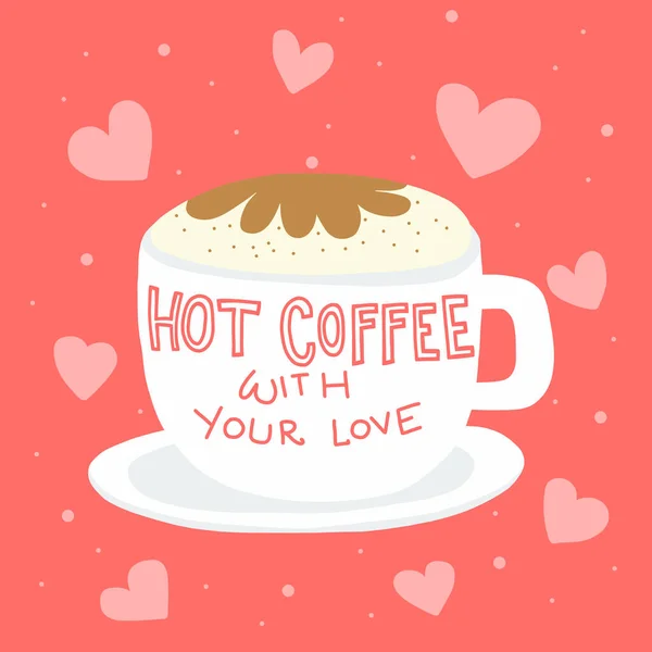 Aşk Karikatürlü Sıcak Kahve Vektör Illüstrasyon Pembe Kalp — Stok Vektör