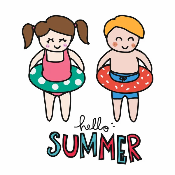 Hallo Sommer Wort Und Niedlichen Jungen Und Mädchen Cartoon Vektor — Stockvektor