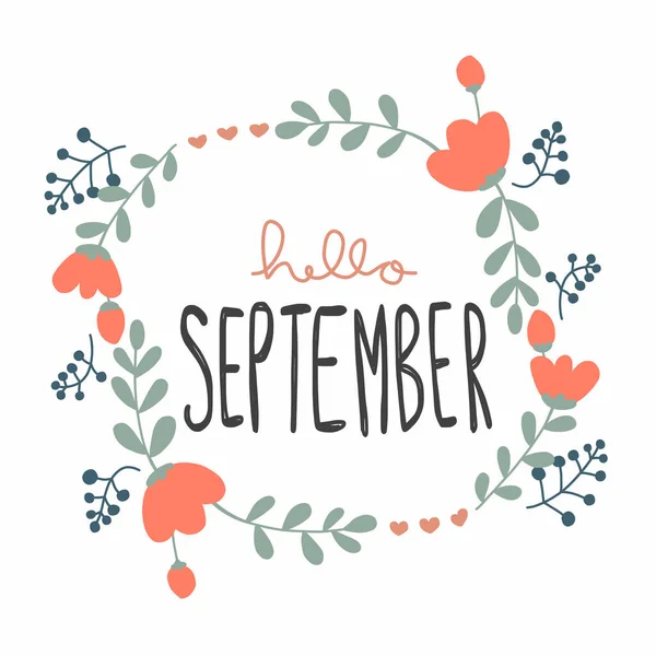 你好9月可爱的花环矢量画涂鸦风格 — 图库矢量图片