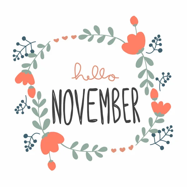 Hello November Aranyos Virág Koszorú Vektor Illusztráció Doodle Stílus — Stock Vector