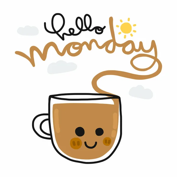 Hallo Montag Und Kaffeetasse Lächeln Gesicht Cartoon Vektor Illustration Doodle — Stockvektor