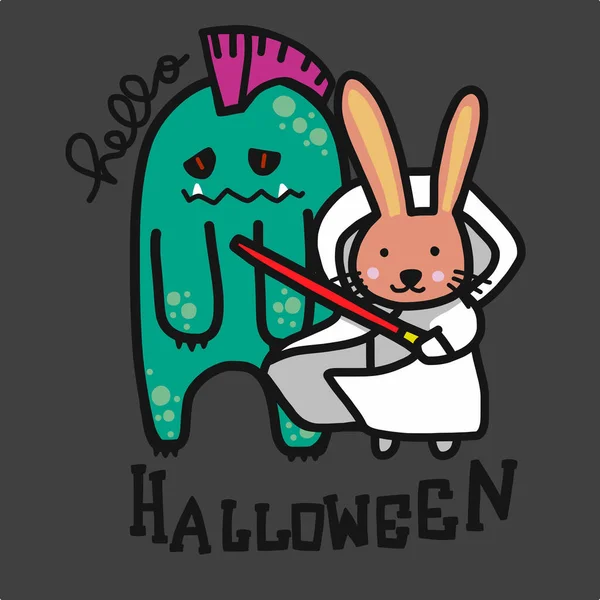 Conejo Blanco Lámina Láser Monstruo Punk Invocar Hola Halloween Dibujo — Vector de stock