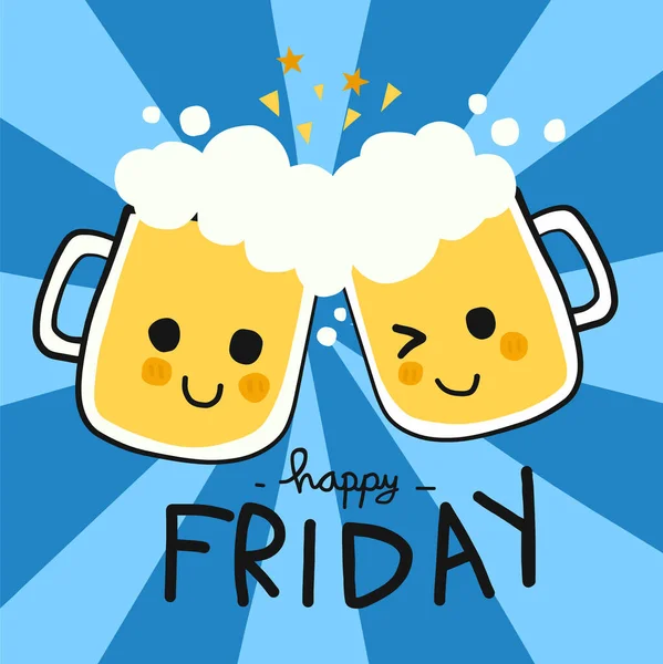 Happy Friday Beer Smile Cartoon Doodle Vector Illustration — Stock Vector