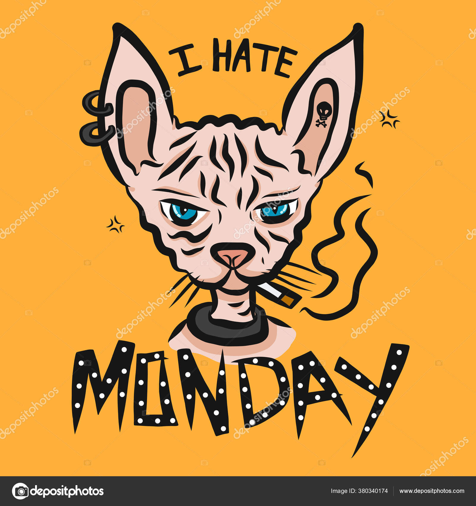 월요일 스핑크스 고양이가 담배를 피우는 스톡 벡터 - ©AmySachar 380340174, image size:1600x1700