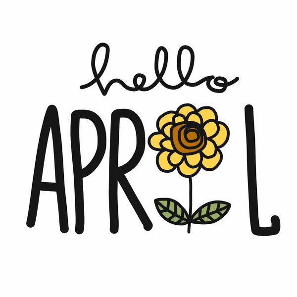 こんにちは4月の単語とひまわり漫画のドアベクトルイラスト — ストックベクタ