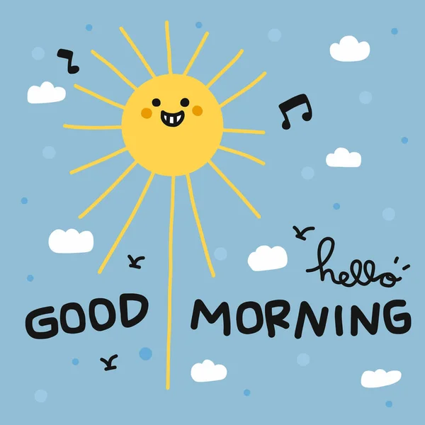 Hej God Morgon Glad Sol Leende Tecknad Klotter Vektor Illustration — Stock vektor