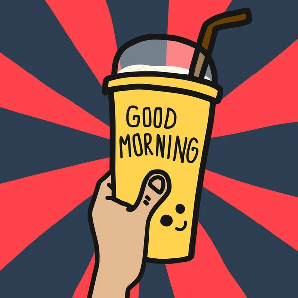 早上好手握咖啡杯微笑卡通人物画图涂鸦风格 — 图库矢量图片