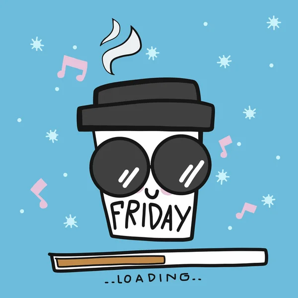 Cuma günü kahve fincanı doldururken güneş gözlüğü takıyor. Çizgi film karalama vektör çizimi.