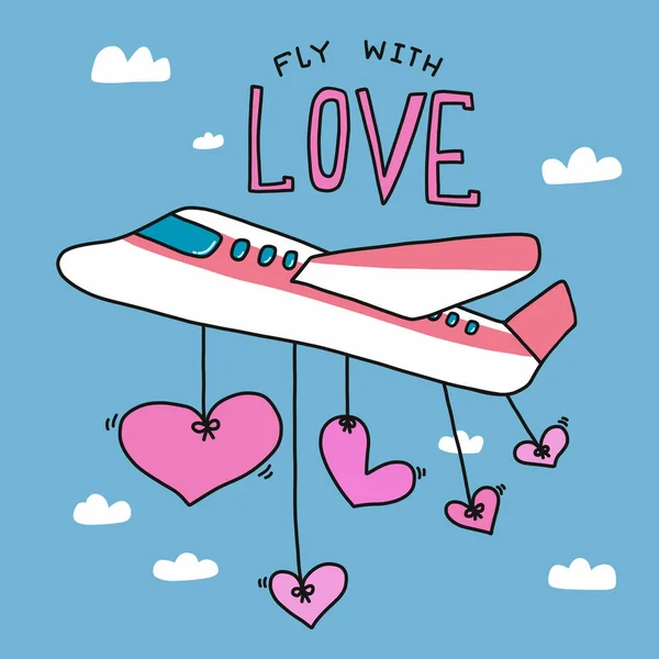 Fly Love Pink Airplane Heart Hanging Cartoon Vector Illustration — Stock Vector