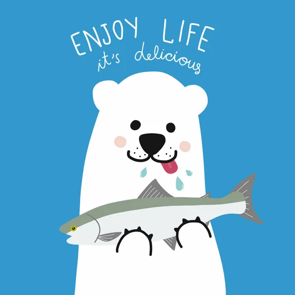 Urso Branco Polar Comer Peixe Salmão Desfrutar Vida Deliciosa Ilustração —  Vetores de Stock