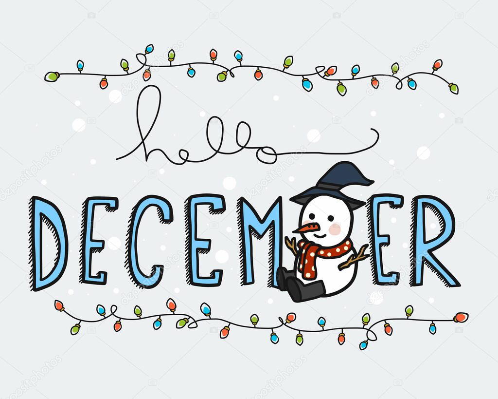 Hello December word snowman and colourful light bulb vector illustration