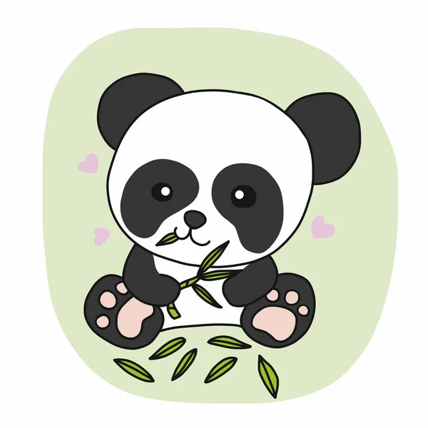 Cute Panda Eating Leaf Cartoon Vector Illustration Doodle Style — Stock Vector