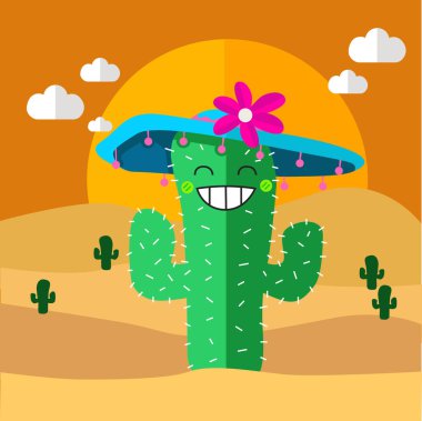 Tatlı kaktüs çöl çizimlerinde Meksika şapkası takıyor.